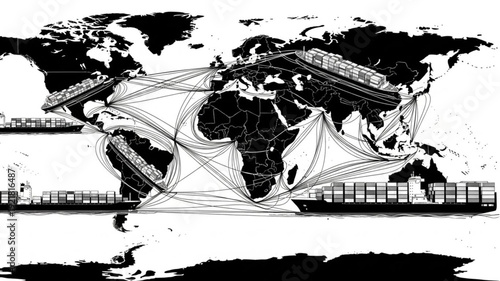 Global shipping routes illustrated on world map with cargo ships.