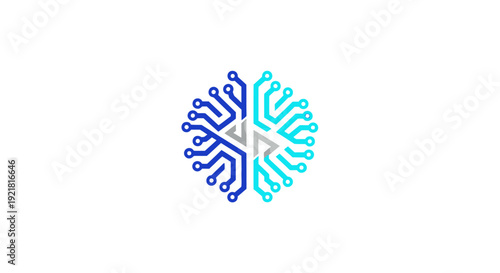 Abstract blue and cyan radial pattern with central gray shape.