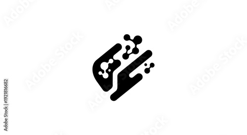 Black and white illustration of a hand with molecules or orbs.