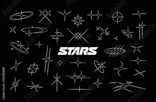 Retrofuturistic stars in outline style. Sparks, flashes, flat glare in Y2K set. Outline stars, spikes, abstract sharp lines, spikes, cybersigilism, various distorted stars, rave burst. Vector graphic