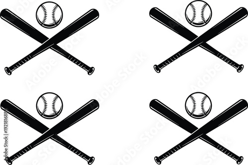 Baseball bats and ball crossed silhouettes set, sports equipment emblem vector illustration collection isolated on light background