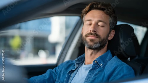 193Calm driver practicing mindfulness breathing techniques inside parked car before long road trip, promoting mental clarity, focus, and emotional balance for safe and stress free dri