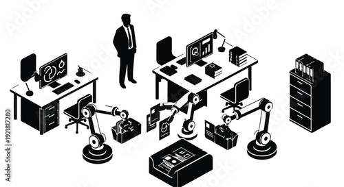 Industrial robots and man working in smart factory