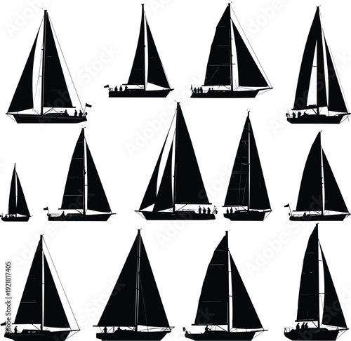 Collection of sailing yachts and boats in various sizes and designs, black silhouette vector illustration, marine leisure and regatta