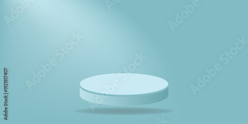 isolated powder blue podium on cement with sunbeams light on the background, powder blue background, product replacement