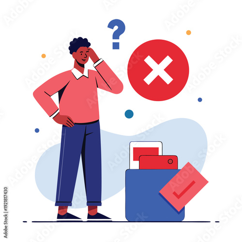 Man confused by 'X' mark and question mark, flat vector illustration with clean outlines, symbolizing failure or error.