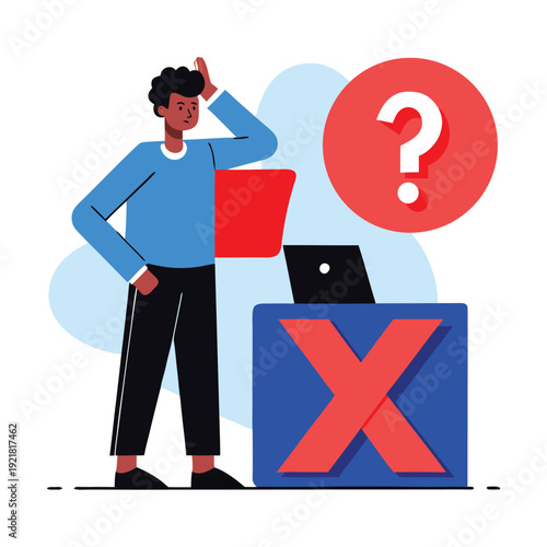 Man confused by 'X' mark and question mark, flat vector illustration with clean outlines, symbolizing failure or error.