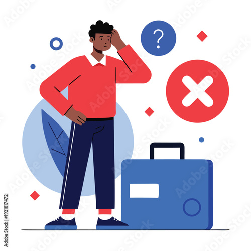Man confused by 'X' mark and question mark, flat vector illustration with clean outlines, symbolizing failure or error.