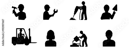 Silhouette Icon Set of Construction Workers and Industrial Laborers