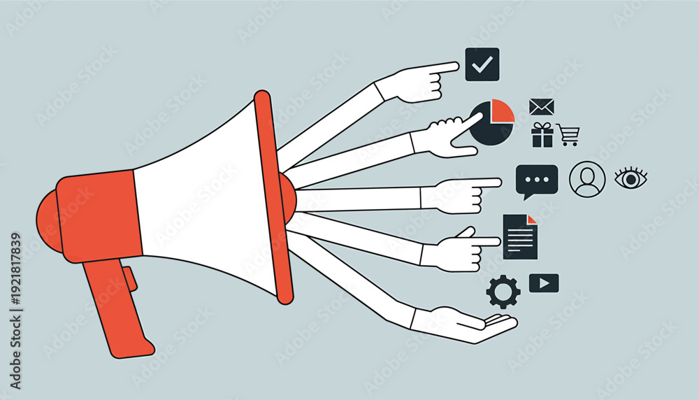 Obraz premium Business communication vector illustration, megaphone with hands pointing to social media icons. Includes advertising, marketing, and media symbols. Created in modern style with red and gray