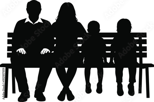 Family Sitting on Park Bench Silhouette Parents and Children Together Black Vector Illustration Isolated on White Background for Lifestyle Design