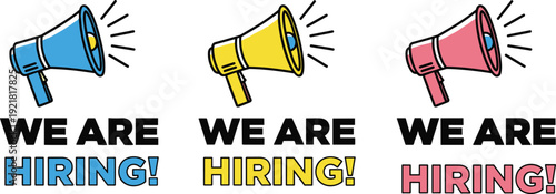 We are hiring megaphone announcement set, recruitment concept with colorful loudspeakers, job vacancy banner vector illustration isolated on white background