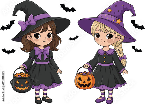 Cute Halloween witch girls with pumpkin candy buckets, cartoon children in purple hats vector illustration isolated on light background
