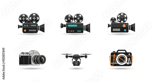 Collection of six modern video and photography equipment icons.