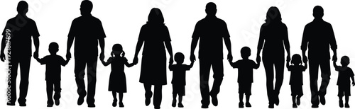 Family Walking Together Silhouette Parents and Children Holding Hands Black Vector Illustration Isolated on White Background for Parenting Design