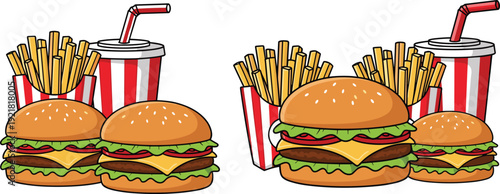 Fast food combo set with burgers fries and soda drinks isolated on white background, delicious takeaway meal vector illustration for restaurant menu design
