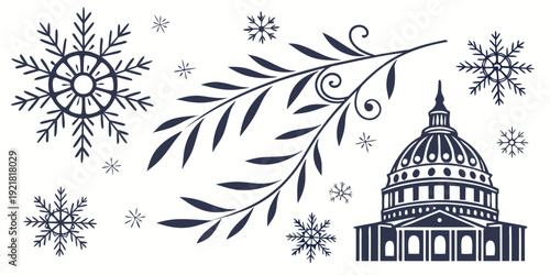 Intricate black and white illustration of a capitol building with snowflakes and leaves