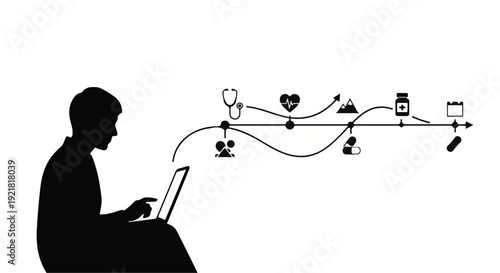 man using laptop with health and social media icons