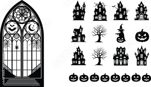 Gothic Halloween stained glass window vector set, haunted houses pumpkins witch tree silhouettes spooky decorative black and white illustration bundle
