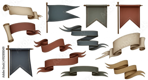 Collection of vintage banners and flags on white background.