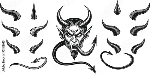 Devil head vector illustration set, demon face with horns tail and spikes dark fantasy tattoo style black and white design collection