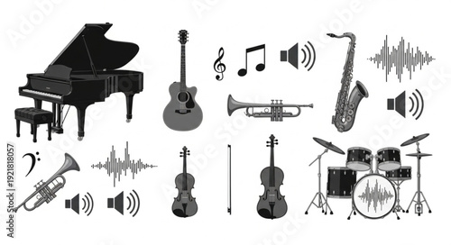 Collection of musical instruments and sound waves.