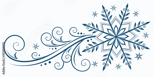 Intricate blue snowflake design with elegant swirling patterns and flourishes.