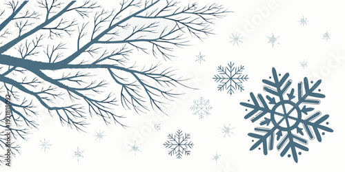 A beautiful winter scene featuring snowflakes and a delicate tree branch
