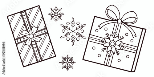 Two beautifully wrapped gifts with ribbons and snowflakes in the background.