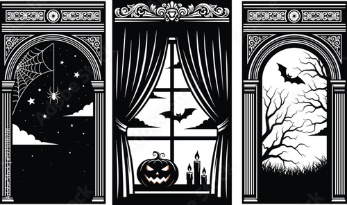 Gothic Halloween window scene vector illustration, spooky night arch frames with bats spiderweb pumpkin candles and haunted tree silhouette