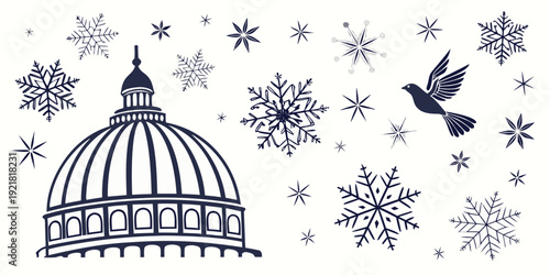 A majestic dome-shaped building adorned with snowflakes and a bird in flight