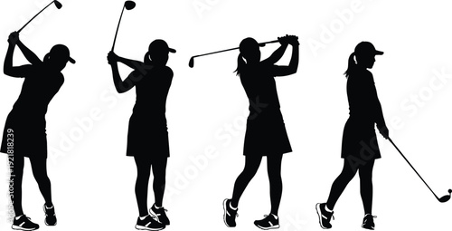 Female golfer silhouette vector set, woman swinging golf club in different poses isolated on white background sports illustration