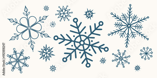 Beautiful snowflakes in various shapes and sizes scattered across a white background