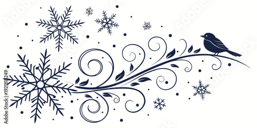 A black bird perched on a branch adorned with snowflakes and intricate swirls