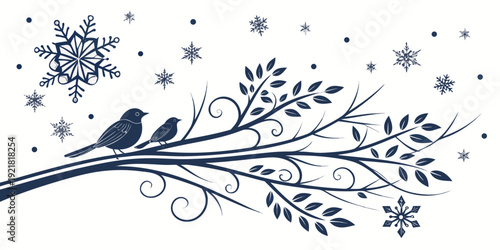 A beautiful winter scene with snowflakes and a bird on a branch