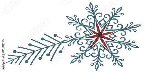 Intricate snowflake design with vibrant red center and delicate blue details