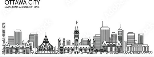 Black and white of Ottawa city skyline with buildings and landmarks