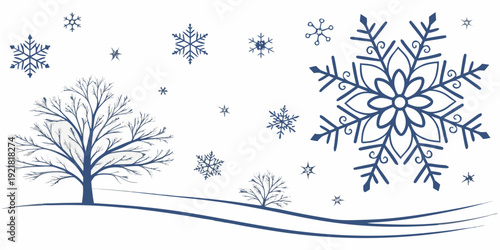 Winter scene with snow-covered trees and falling snowflakes