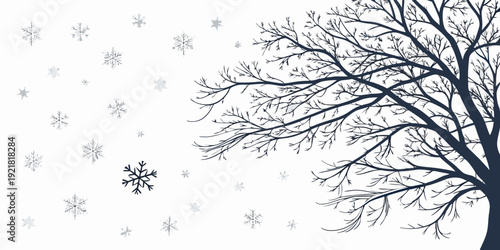 A solitary tree stands amidst a gentle snowfall in a serene winter landscape.