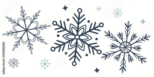 Intricate snowflakes in various shapes and sizes scattered across a white background.