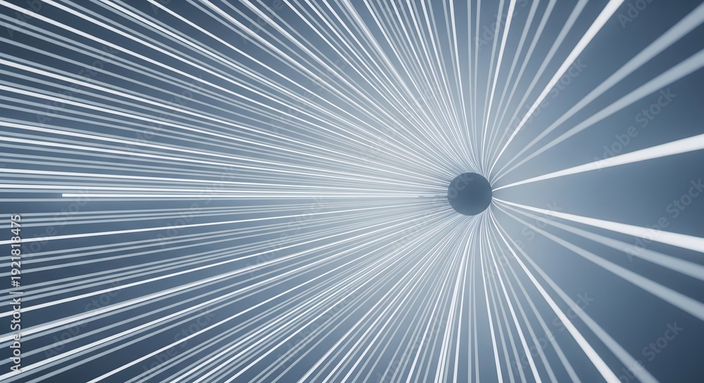 Obraz premium Dynamic digital illustration featuring glowing white lines emanating from a central dark sphere against a cool blue and gray gradient, creating a futuristic abstract background.