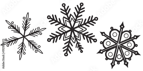 Three distinct snowflakes showcasing intricate and unique patterns in black and white