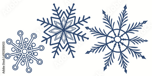 Intricate snowflakes with delicate ice crystals and swirling patterns on a white background