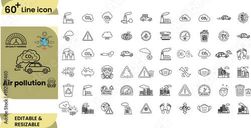 Ecological air quality icons set illustrating carbon footprint and environmental contamination through industrial emission line art