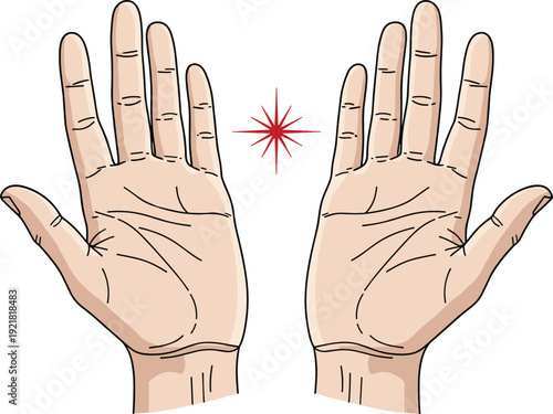 Two Human Hands with Palm Lines and Red Star Symbol