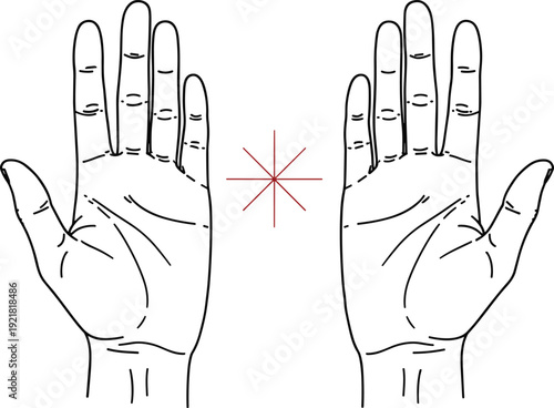 Two Hands with Palm Lines and Red Star Symbol in the Middle