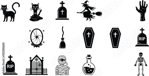 Halloween black silhouette icons set, witch cat coffin tombstone mummy skeleton potion gothic vector collection isolated on light background