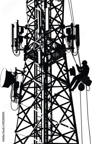 Worker climbing a communication tower with equipment attached
