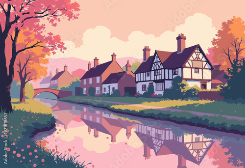 dreamy, softfocus illustration StratforduponAvons Tudor houses Warm thatch colors pink river reflection
