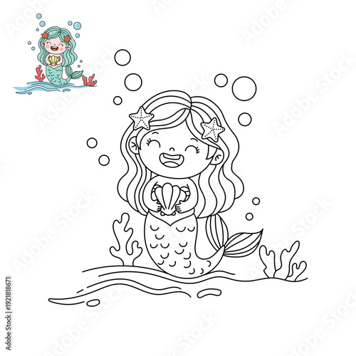 Happy Mermaid with Seashell Coloring Page